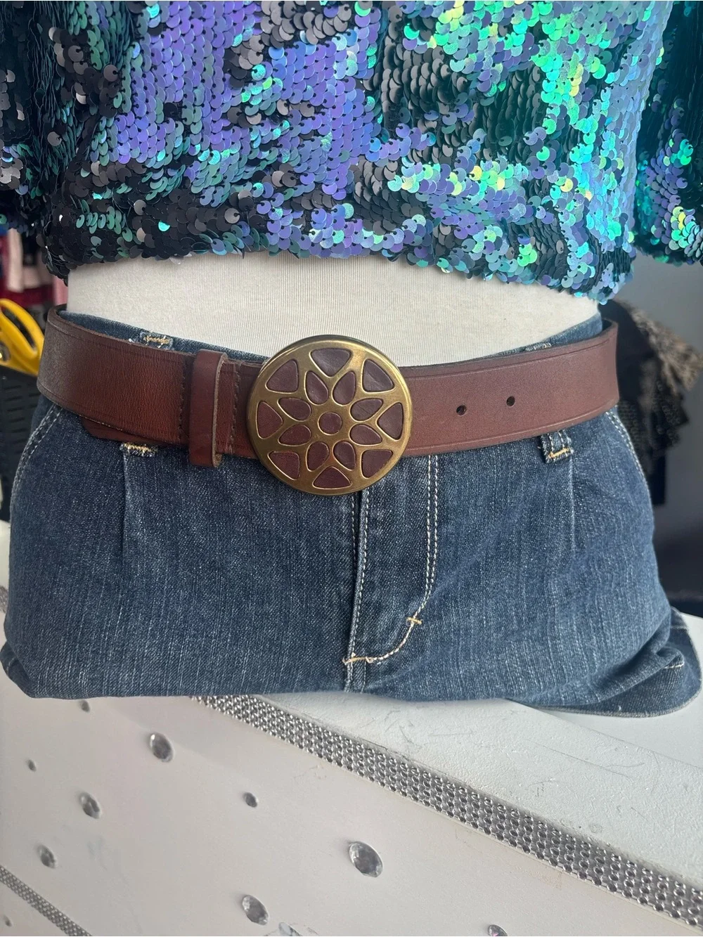 Coldwater Creek Brown Leather Belt with Decorative Brass Floral Buckle